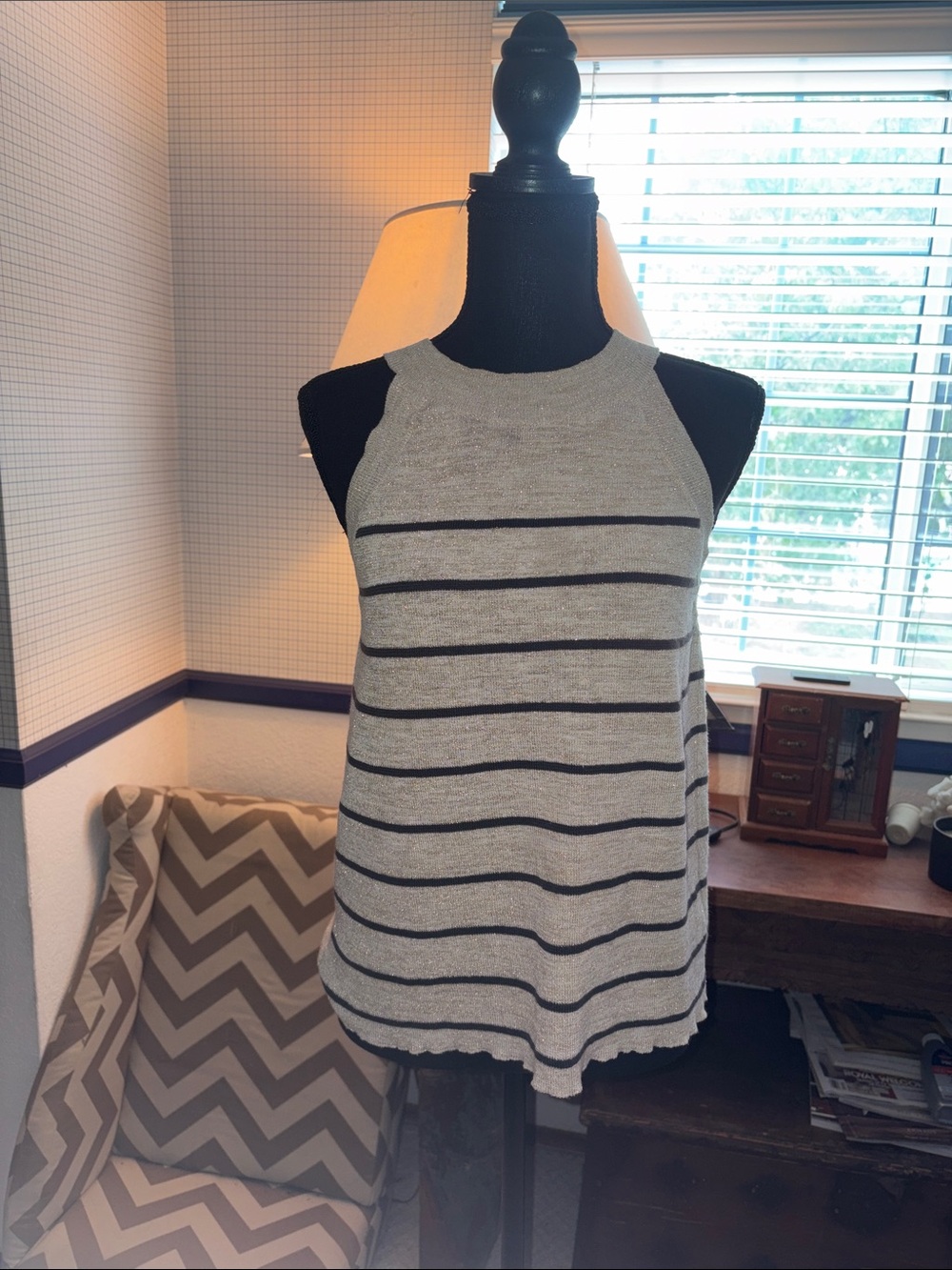 Brunello Cucinelli Sleeveless Striped Knit Tank Top - Gray with Black Stripes
